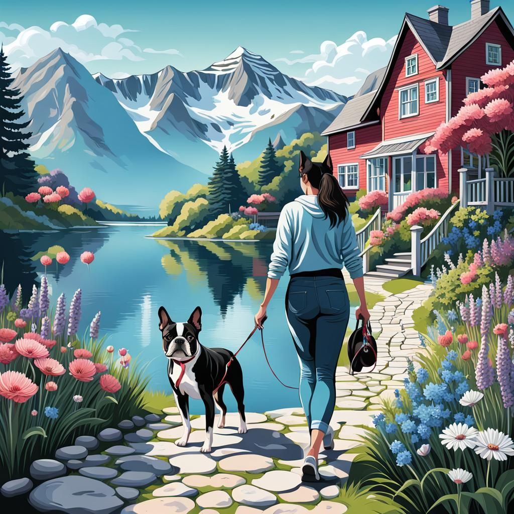 Girl and Dog at Cottage Lake: Vector Illustration