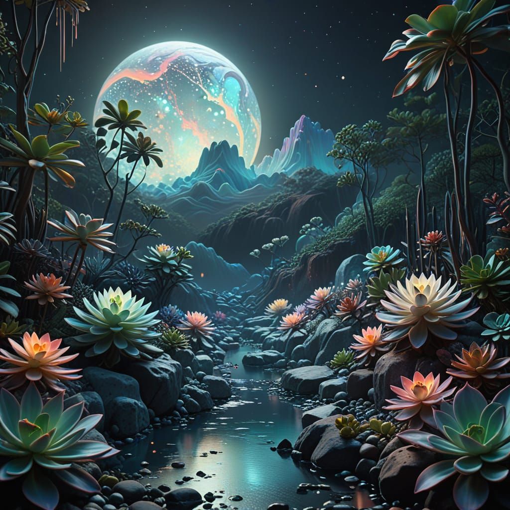 Dreamy Surrealist Landscape with Glowing Echeveria