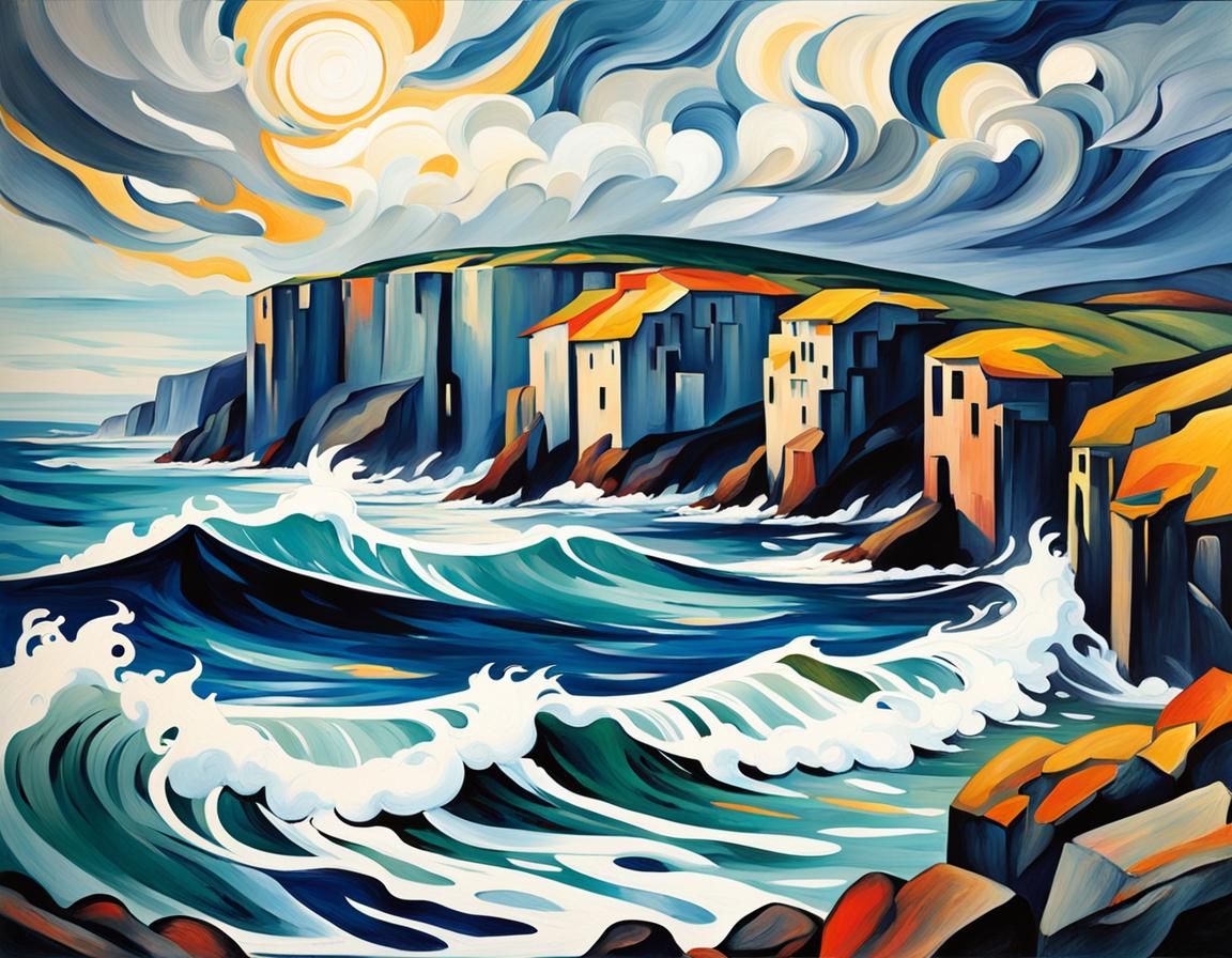 Expressionist Sea with Crashing Waves and Cliffs