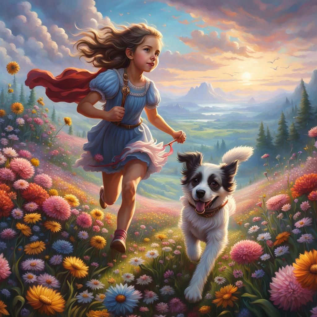 a girl running with a dog through a field of flowers, painting inspired by mark Keathley, fantasy art, detailed matte pa...