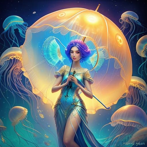 Moon Goddess with Jellyfish Umbrella in Liquid Gold