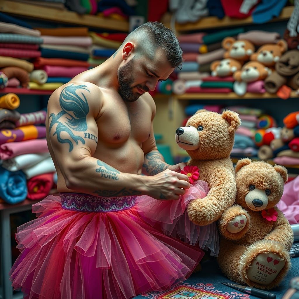 professional wrestler in a colorful, flamboyant tutu, carefully measuring and crafting a dazzling tutu specifically desi...