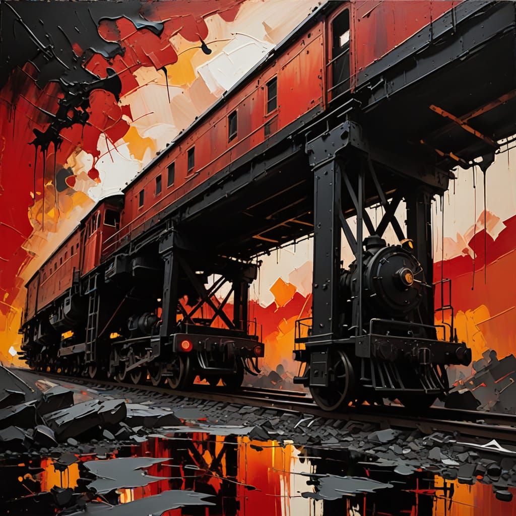 Steam Train in Monochromatic Red Sunset Dripped in Abstract ...