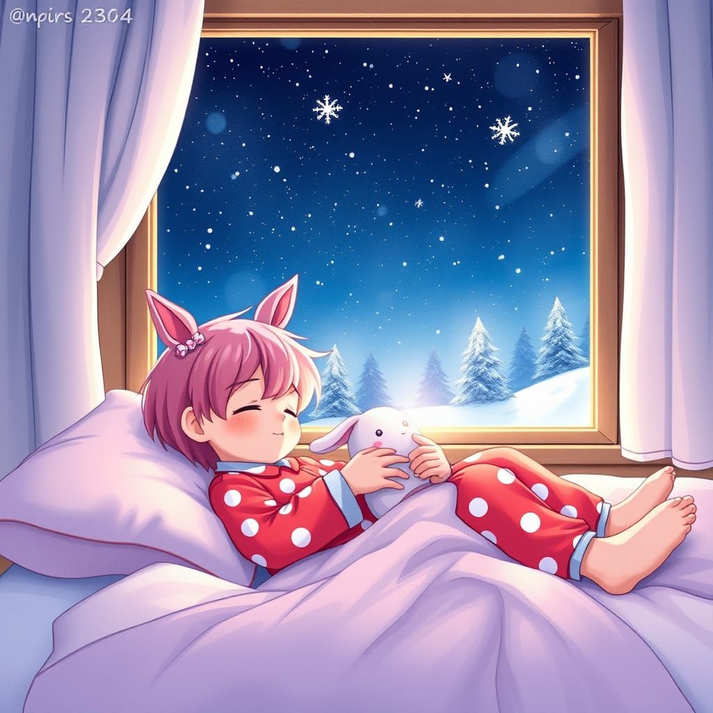 Sweet Pastel Boy Sleeps with Cuddly Bunny in Whimsical Winte...