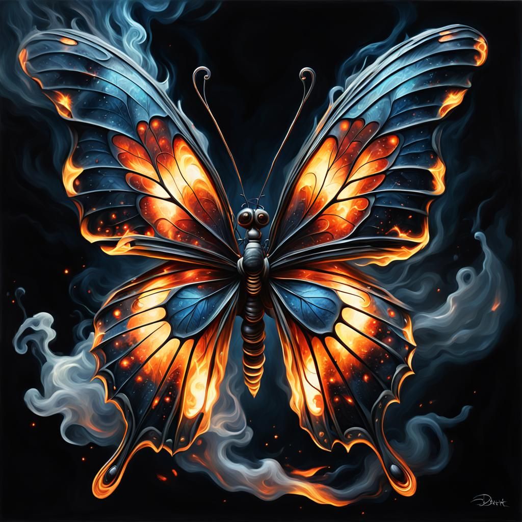 ""(fire in the shape of a butterfly with wings" dynamic butterfly created from fire night scene) dark color high-contras...