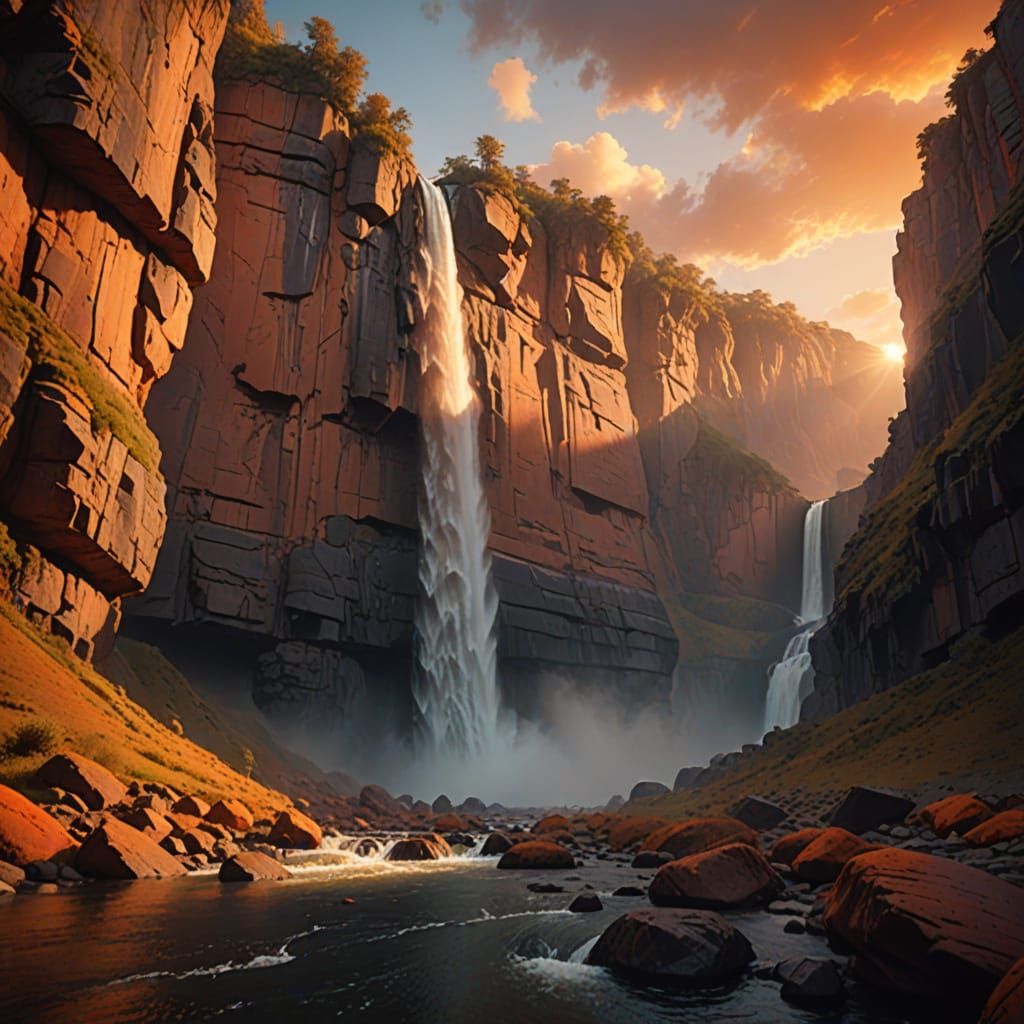 Majestic Waterfall Canyon in Golden Light