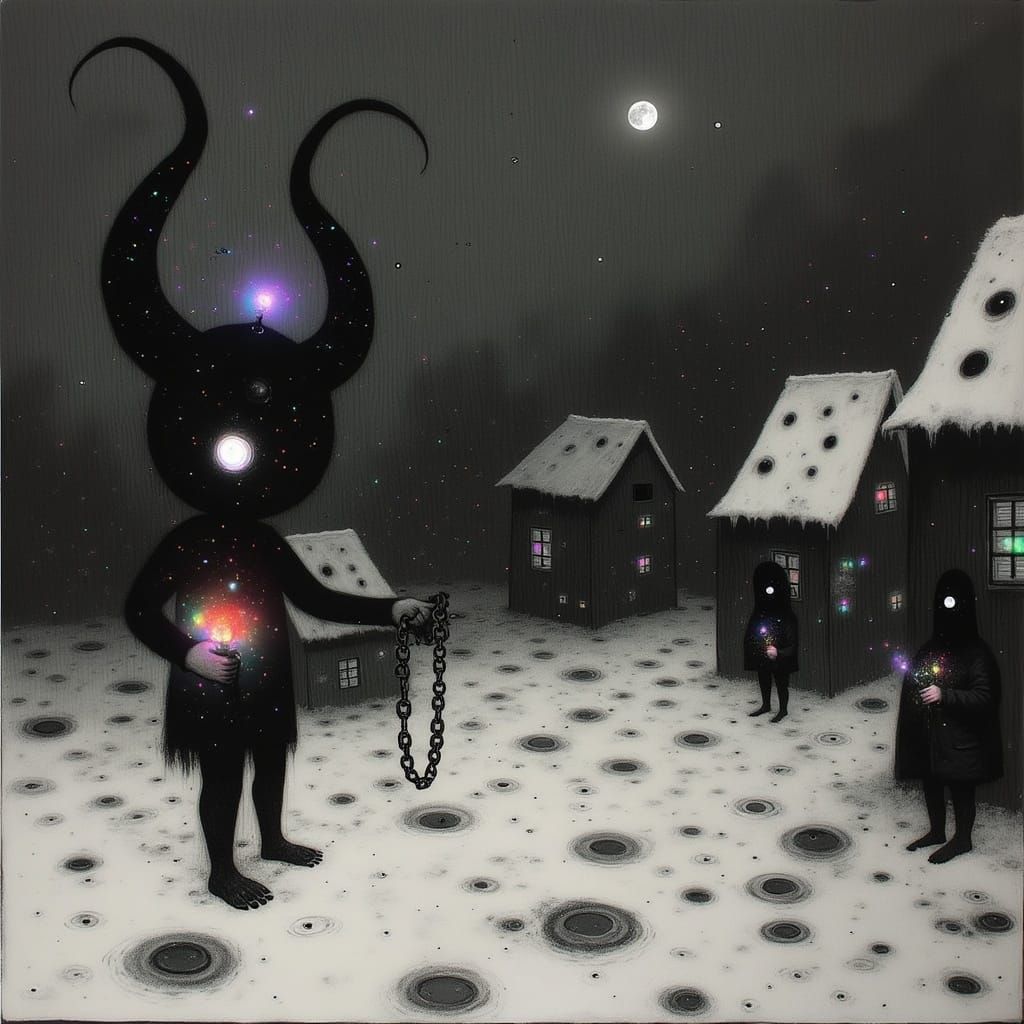 Krampus in Snowy Village: A Surrealist Nightmare