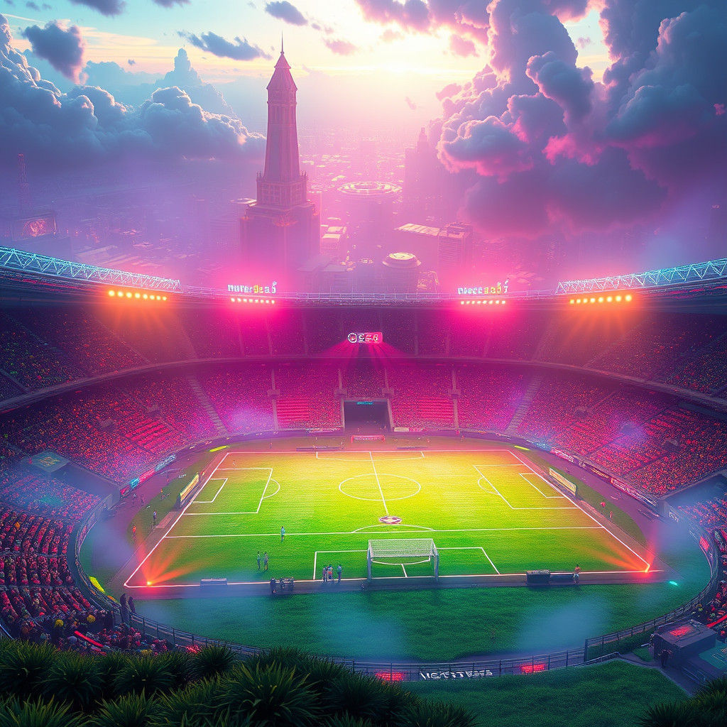 Mystical Soccer Stadium in Futuristic Metropolis