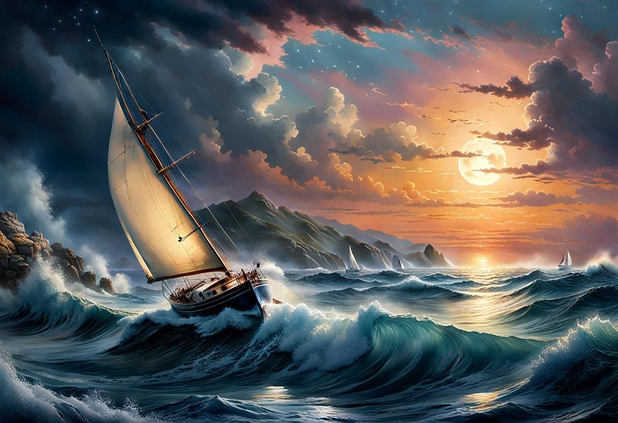 Sailboat on Crashing Waves: Digital Watercolor Masterpiece