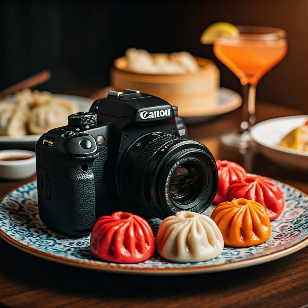 Canon Camera Surrounded by Dumplings in Cinematic Style