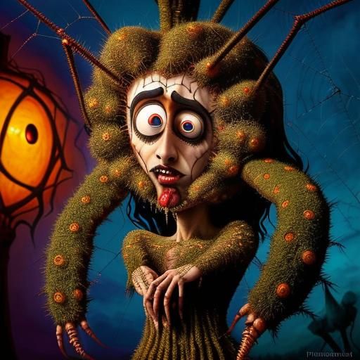 Pagan Horror: Spiderweb Eyes in Surreal Art Style