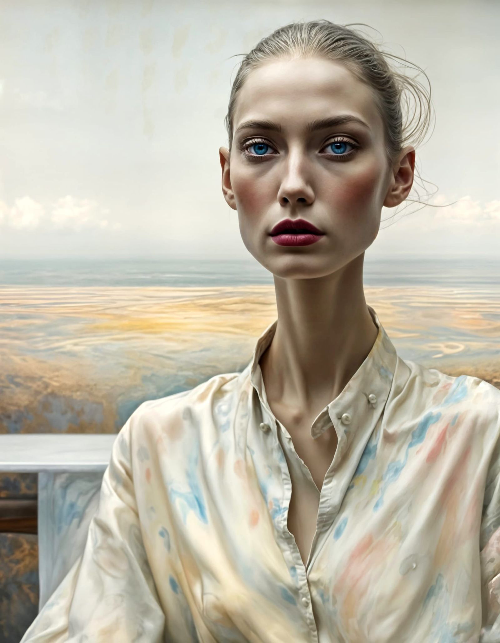 Polychromatic Alien at Table: Hyperrealistic Digital Art