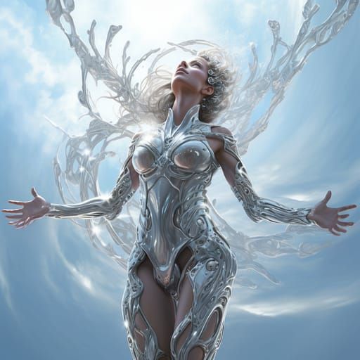 Cybernetic Woman Gazing Skyward in Sci-Fi Style