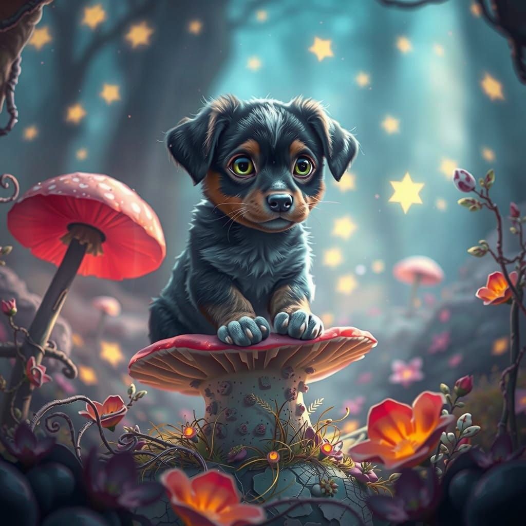 Whimsical Puppy in a Vibrant Fantasy Forest