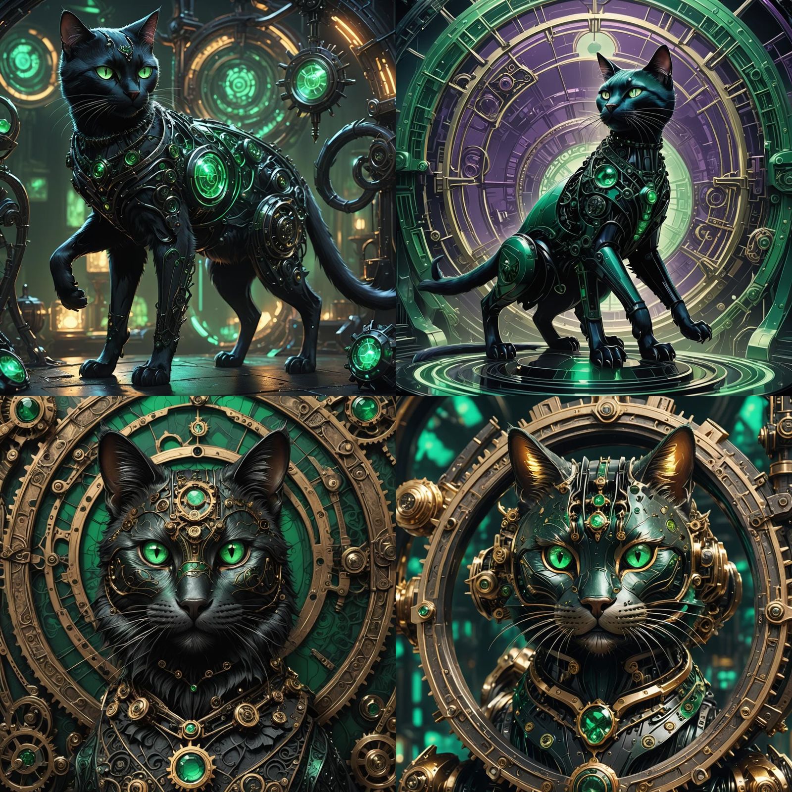 Mechanical Cat with Emerald Gears, Detailed Matte Painting