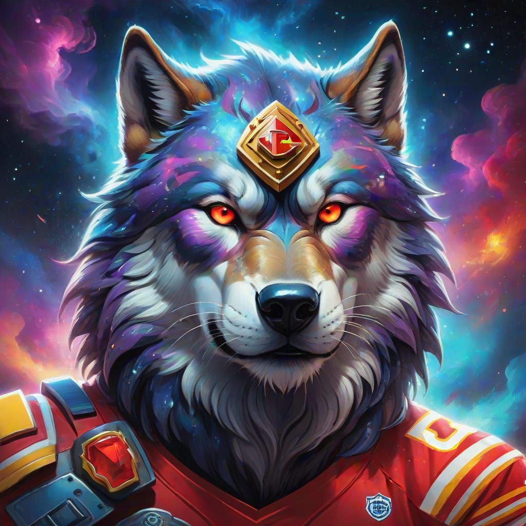 Cyberpunk-Style Wolf in Chiefs Uniform with Glowing Eyes