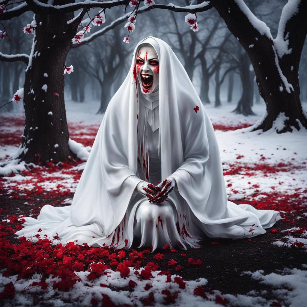 Creepy Red-Eyed Ghost Hag in Bloody Winter Scene