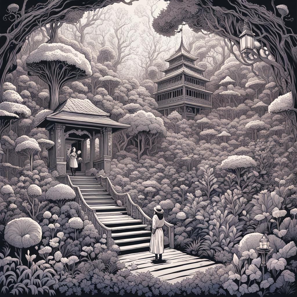 Shrine Maiden in Mystical Botanical Garden Illustration