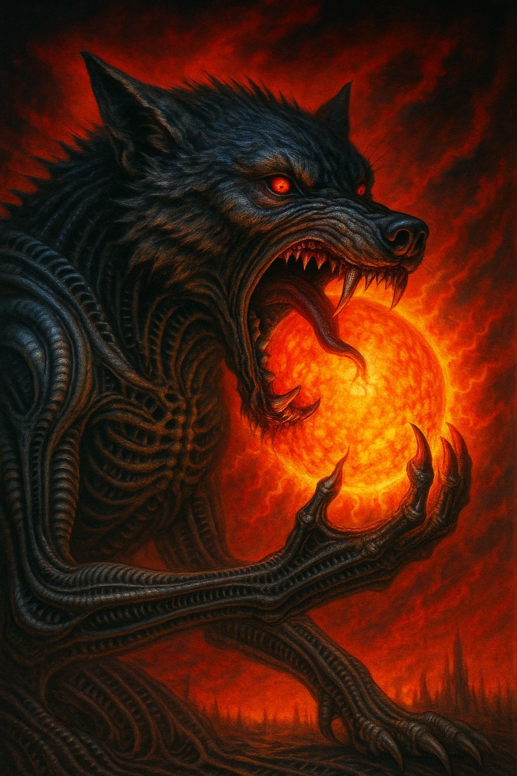 Vampiric Wolf Devouring Sun in Biomechanical Horror Style
