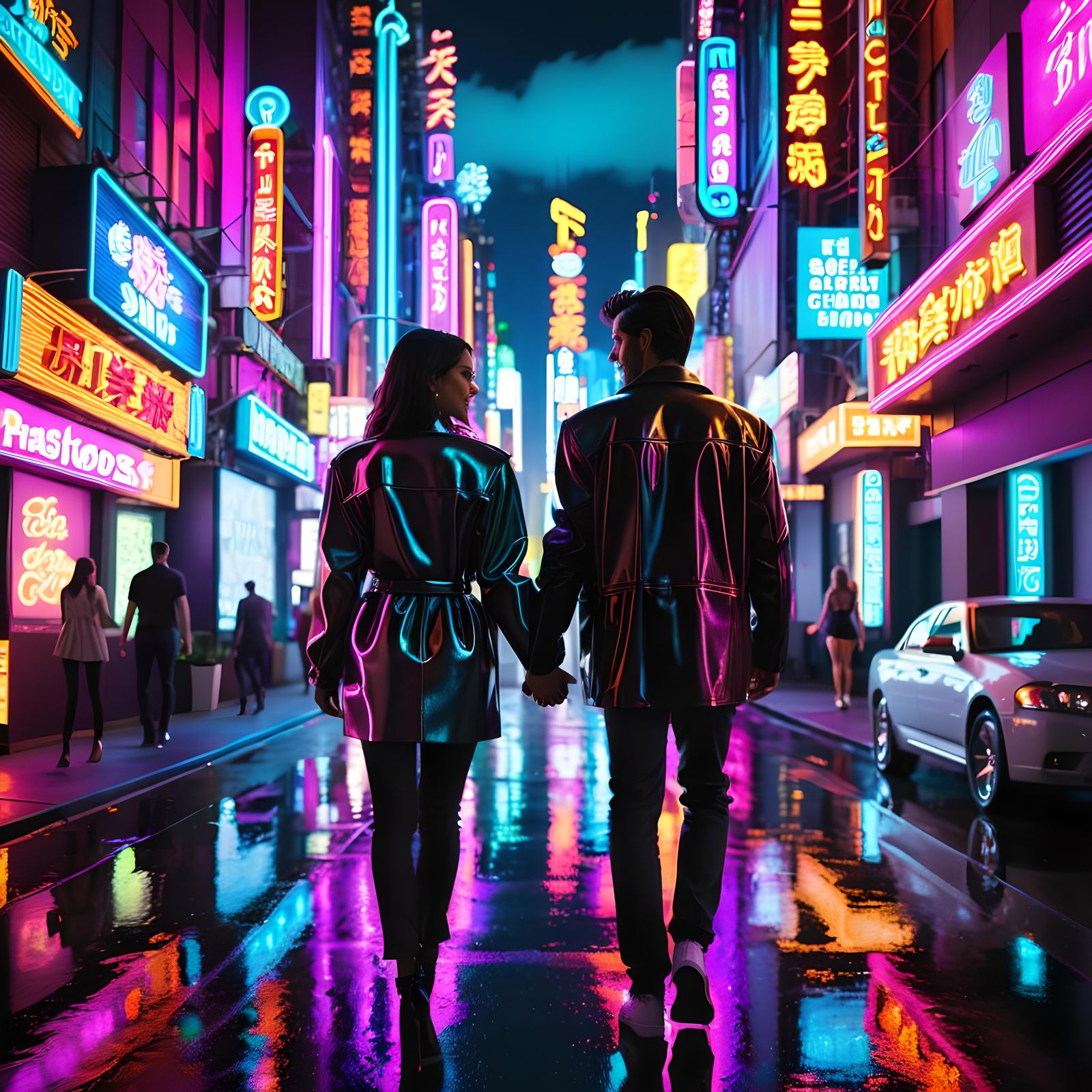 Couple Walks Through Neon Cityscape