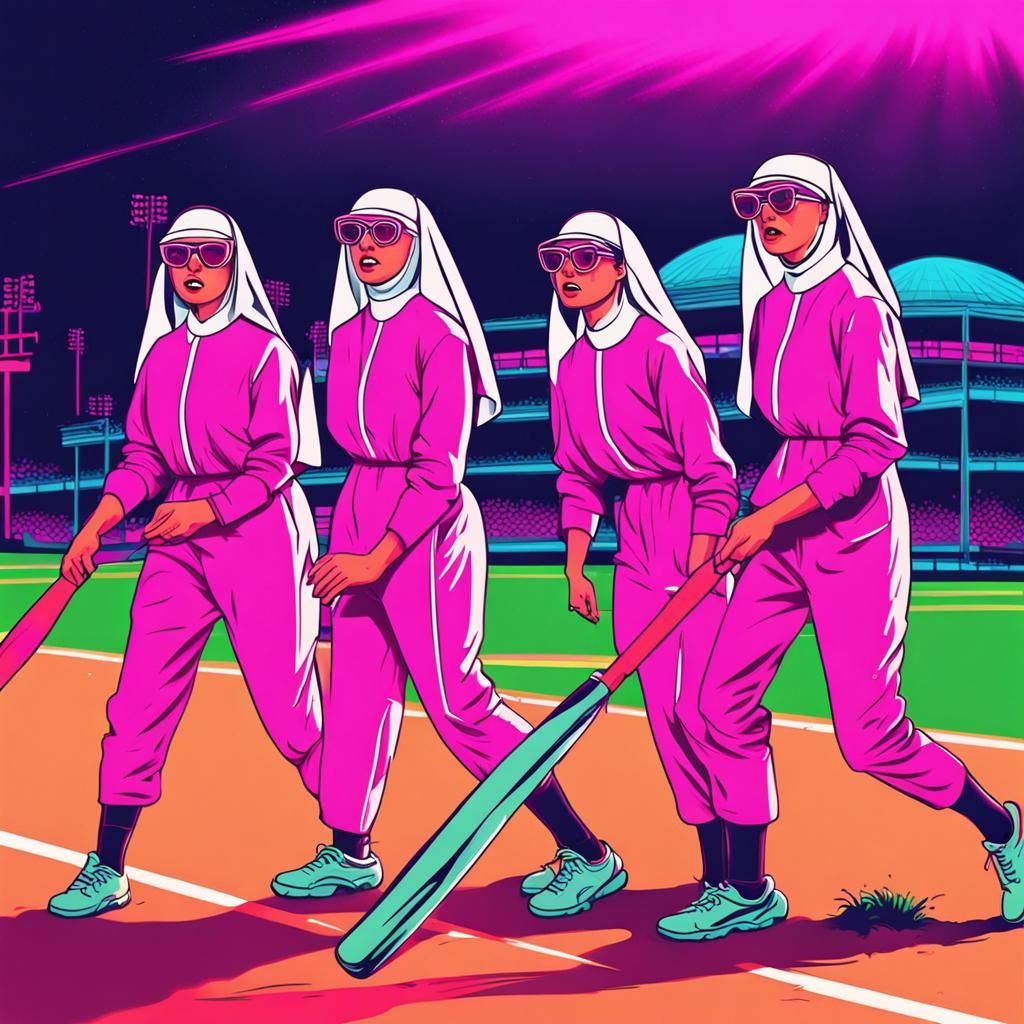 Nuns Play Cricket in Synthwave Neon Style