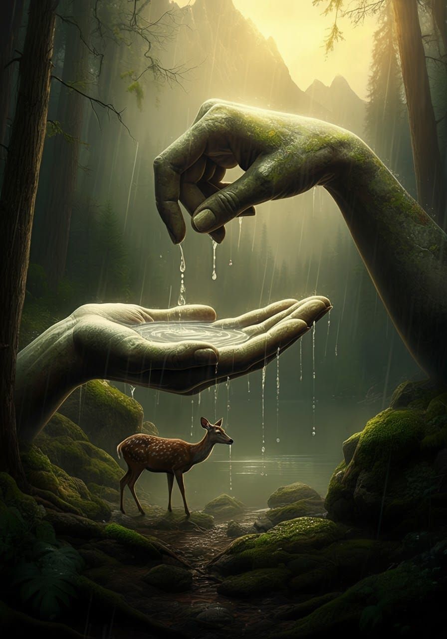 Surreal Rainy Forest With Giant Stone Hand