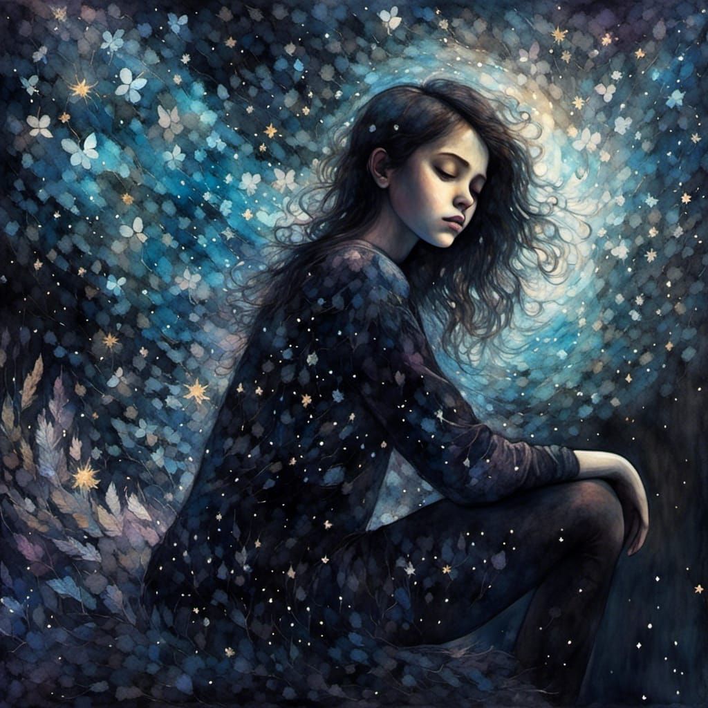 Ethereal Girl in Dark Room with Double Exposure