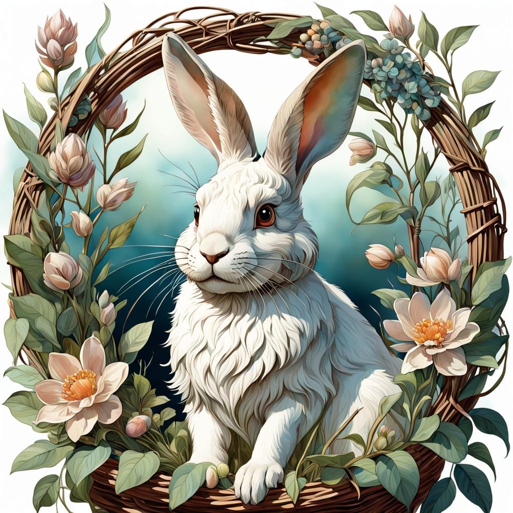 Bunny in Art Nouveau-Inspired Watercolor Wreath