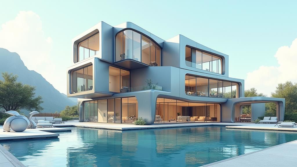 Futuristic Modular Home with Reflecting Pool, Rutkowski Styl...