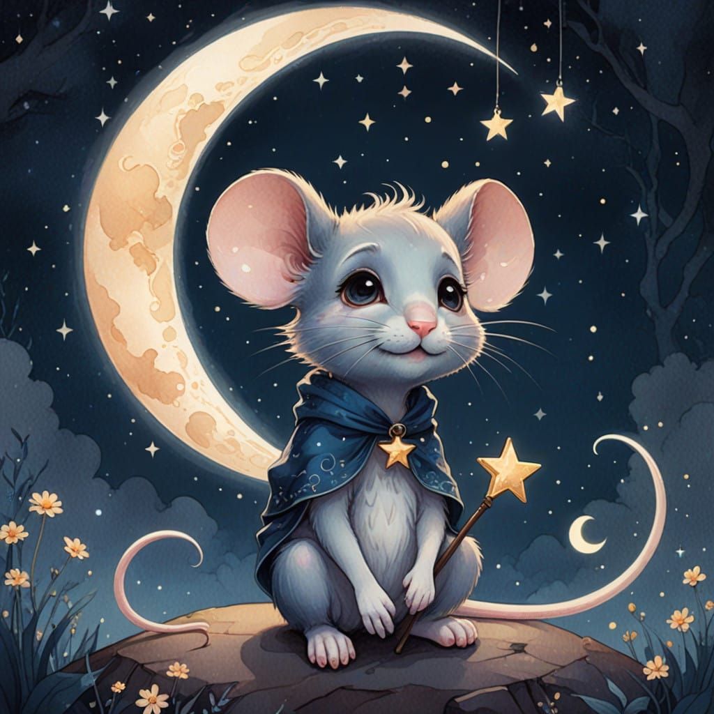 Chibi Mouse Enchants Glowing Crescent Moon