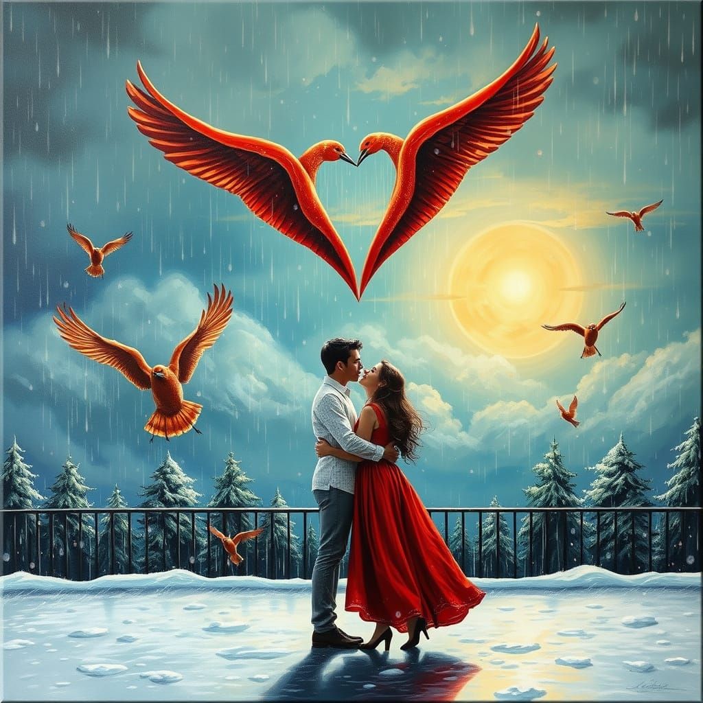 Ethereal Romantic Moment Unfolds Under Rainy Skies