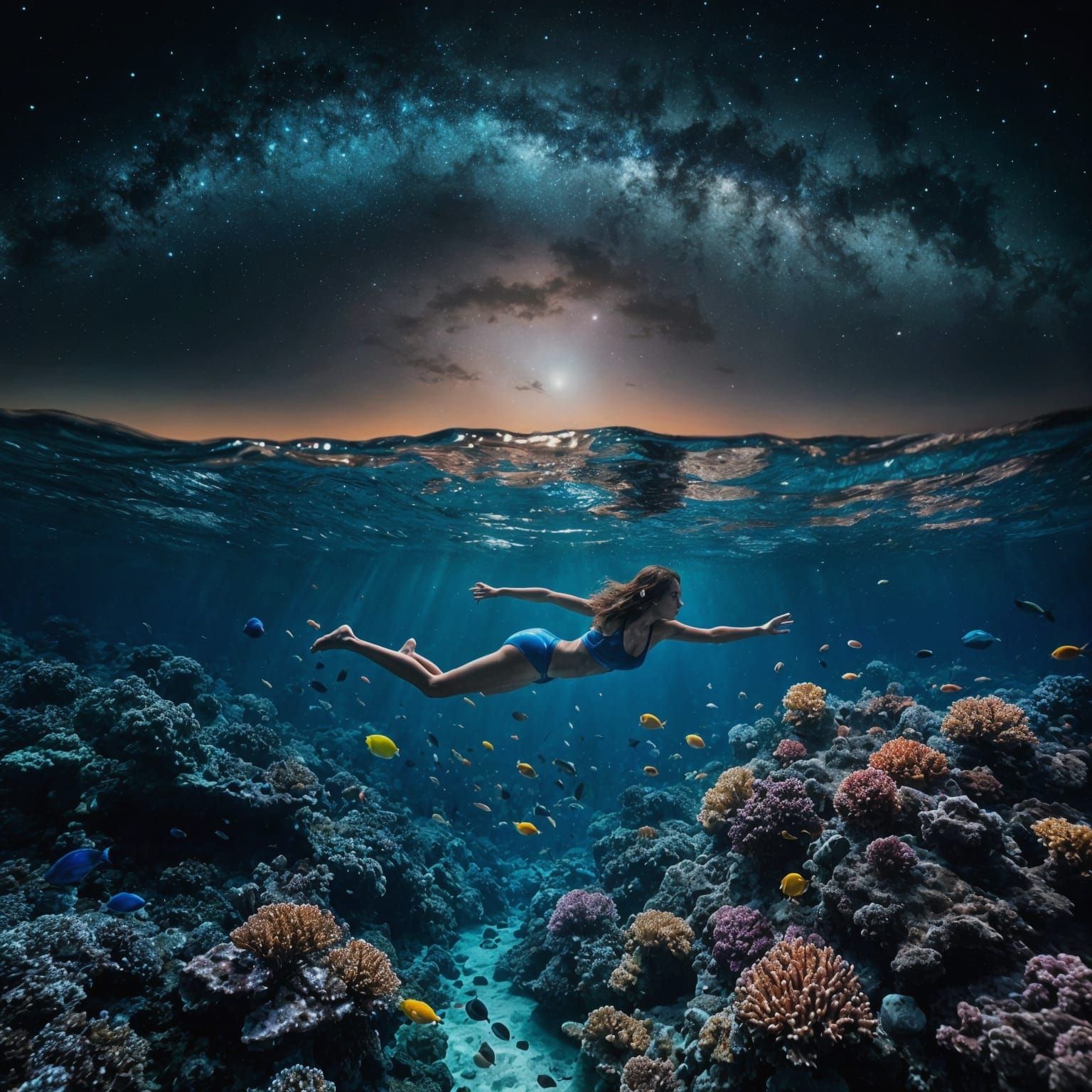 Woman Freediving in Coral Reef at Night