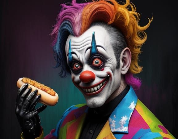 Grotesque Clown Juggling Decaying Hot Dogs in Surreal Oil Pa...