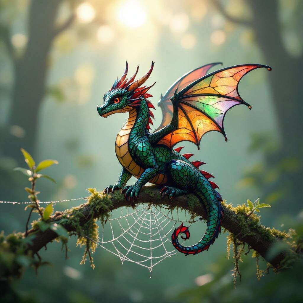 Stained Glass Dragon in Misty Forest, Art Nouveau Style