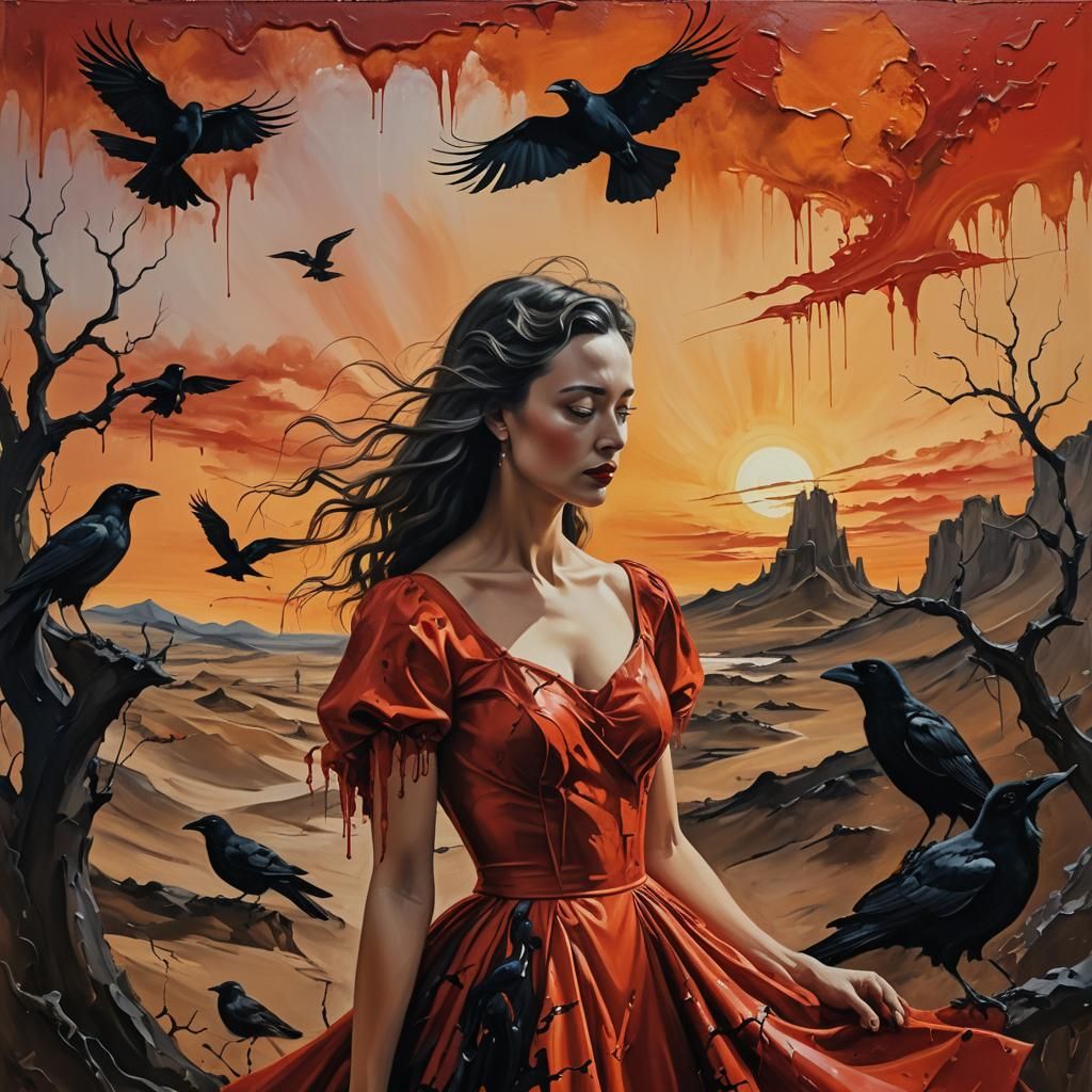 Surreal Lady in Red with Crow as Oil Painting