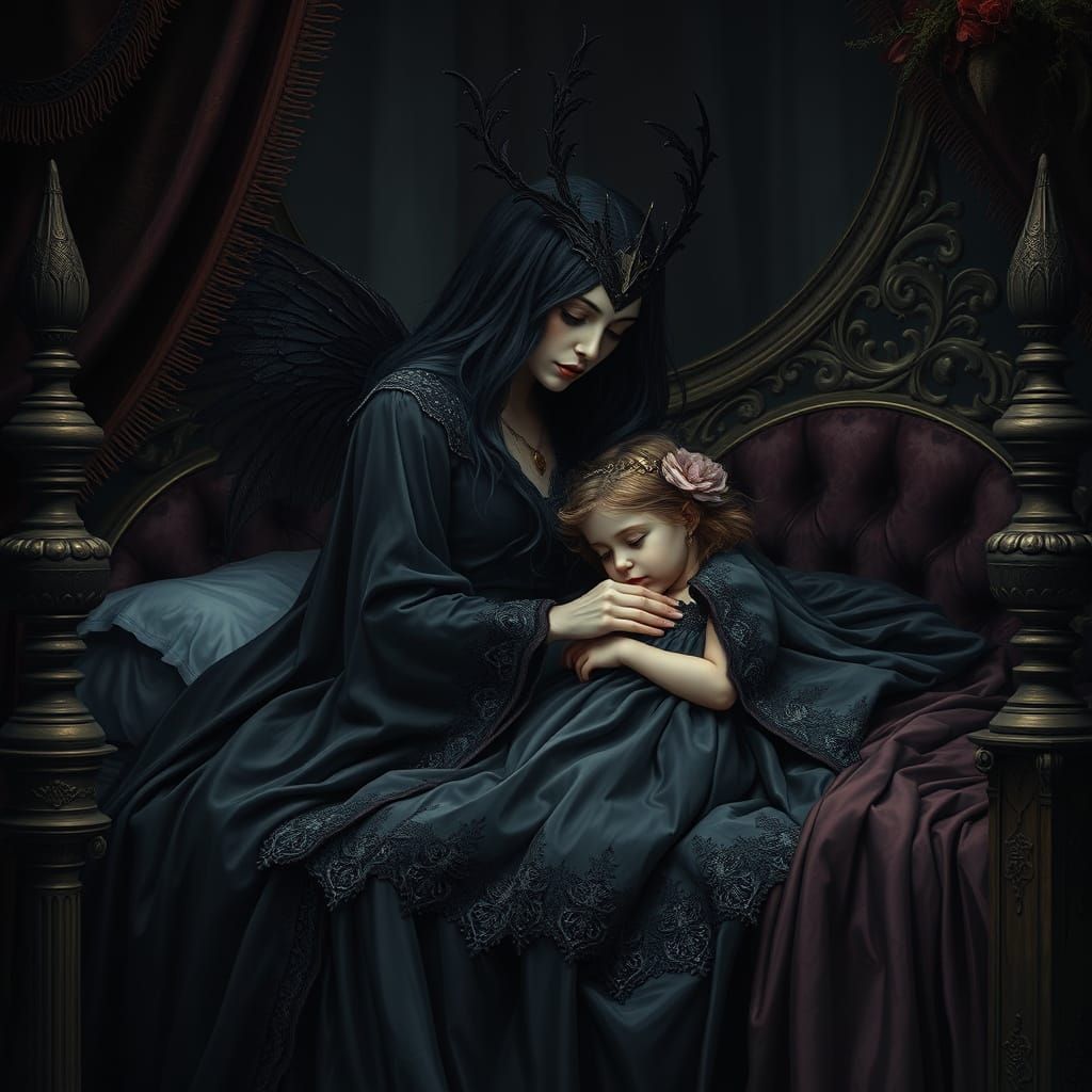Gothic Fairy Queen Tucking Princess into Bed