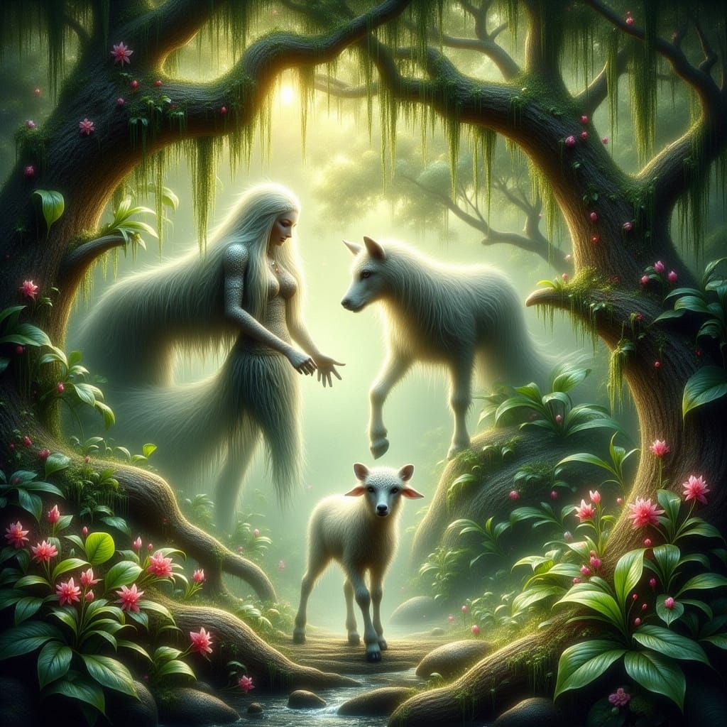 Lamb Confronts Wolf in Enchanted Forest