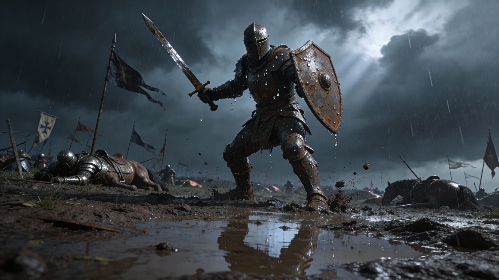 Rusted Knight Frozen in Rain on Battlefield