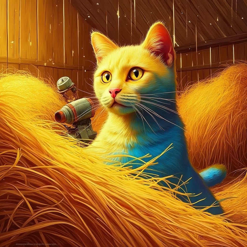 Cat Astronomer in Hayloft, Surreal Cubist Style