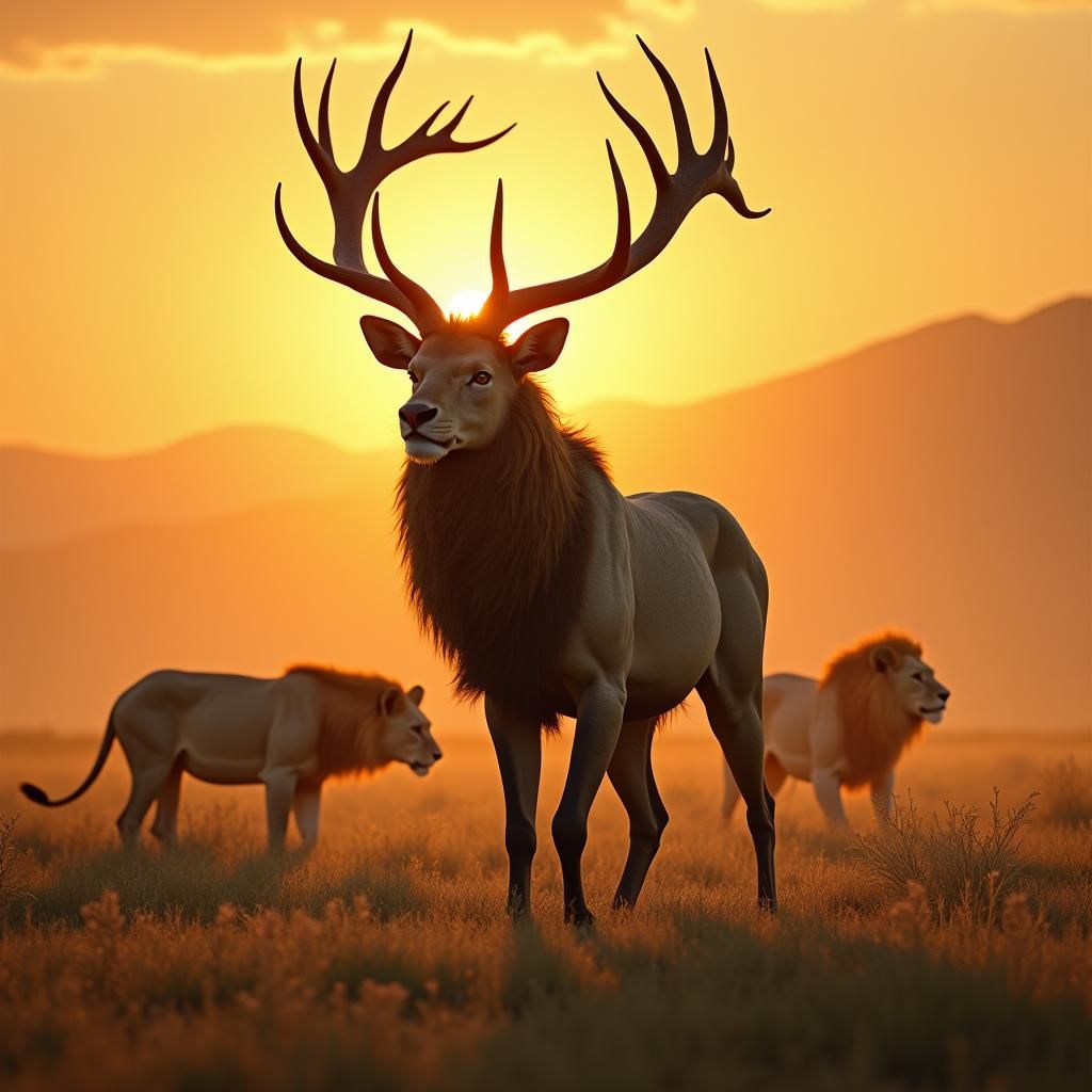 Elk-Lion Hybrid in Wild Savannah, Digital Matte Painting