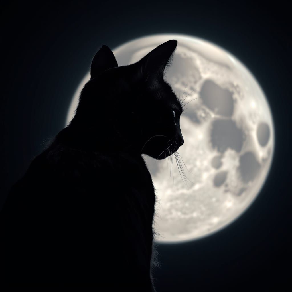 A Black Cat Silhouetted Against a Full Silver Moon