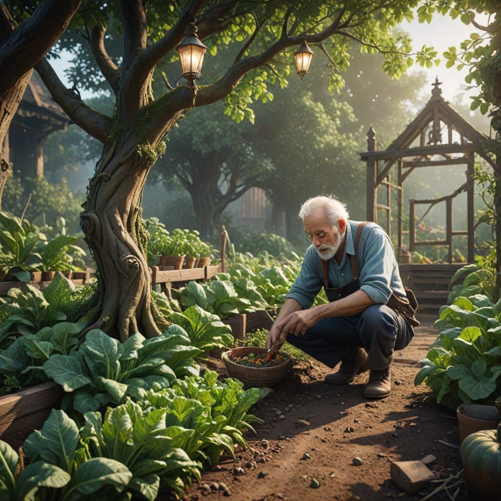Whimsical Old Man Tends a Lush Vegetable Garden in Warm, Gol...