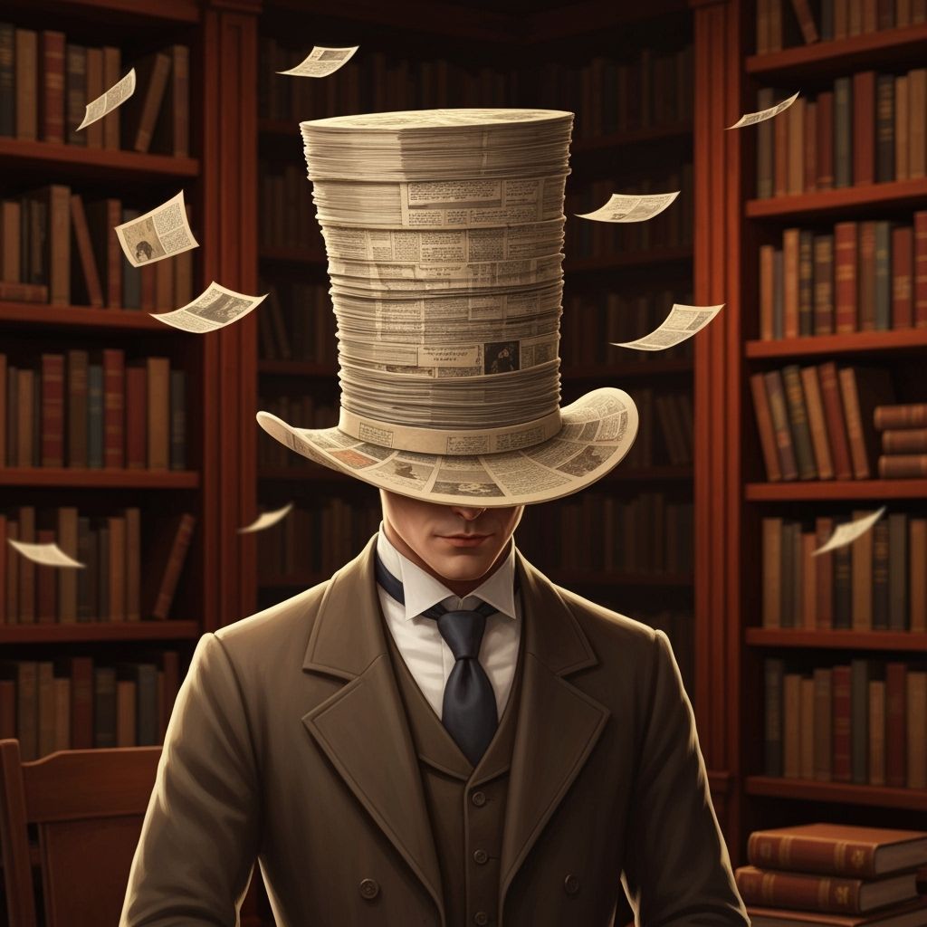 Dapper Gentleman in Comic Book Hat in Cozy Study