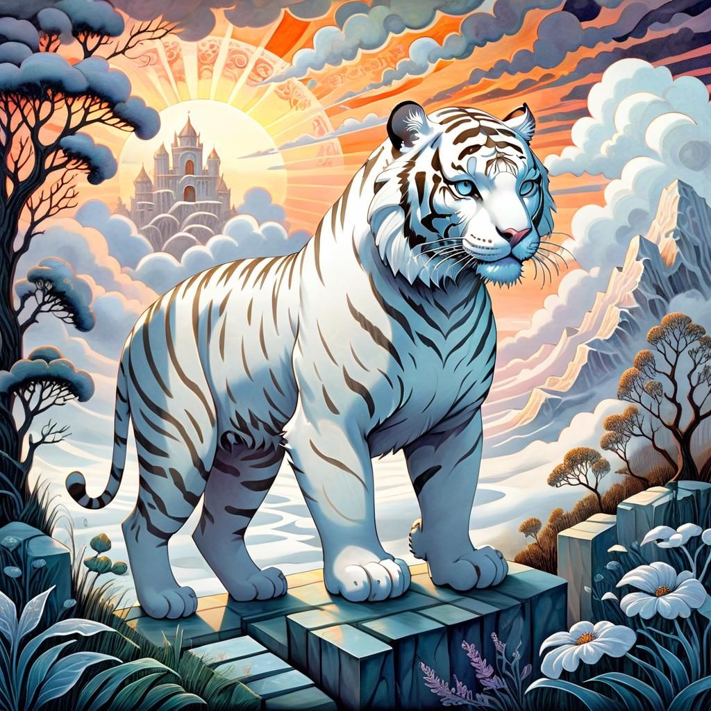 Cartoon White Tiger in Surreal Digital Painting