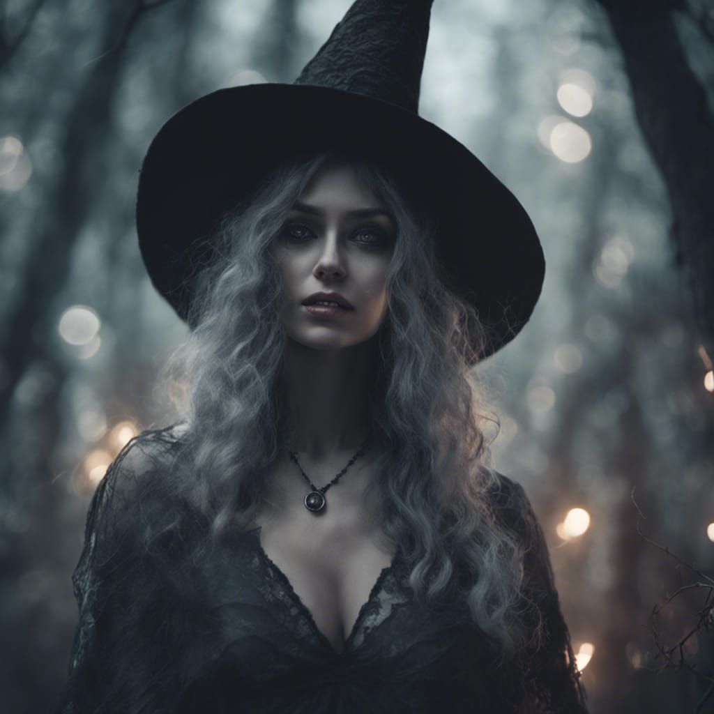 Gorgeous Witch in Dark Forest Under Full Moon