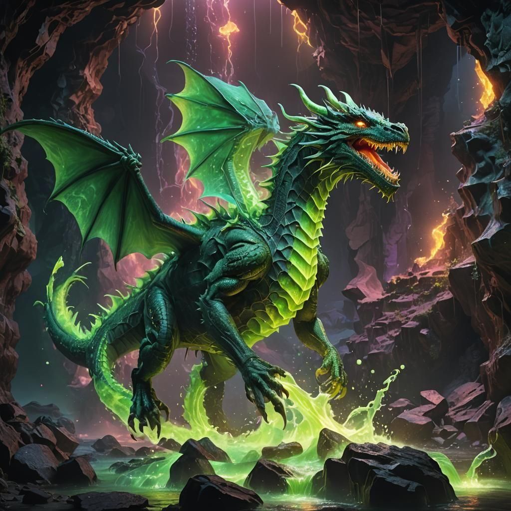 Bioluminescent Acid Dragon in Luminous Cavern