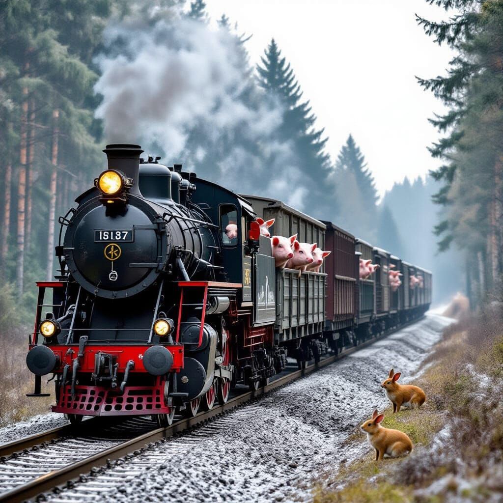 A train, wagons, pigs, drive through, forest