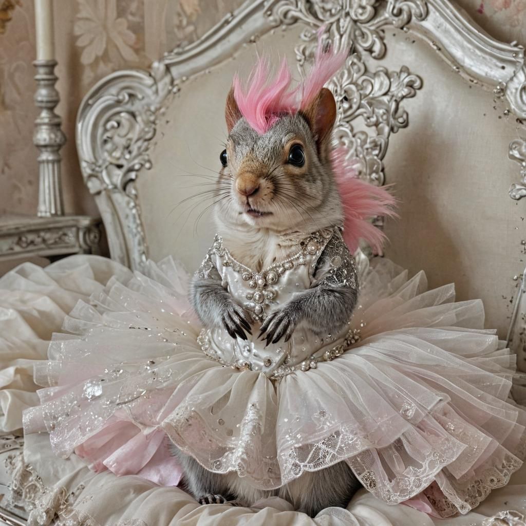 Punk Squirrel in White Lace: An Oil Painting