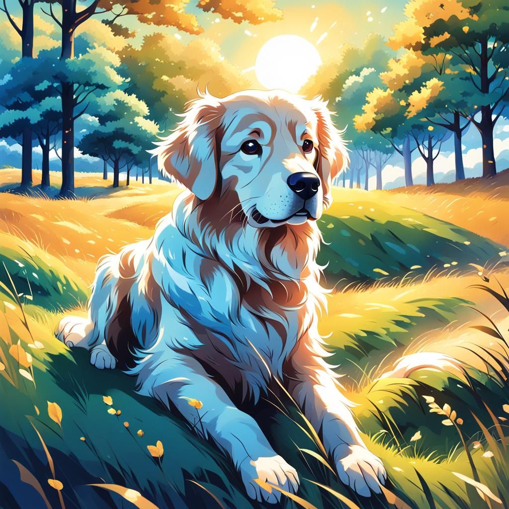 Golden Retriever on Hill in Manga Style