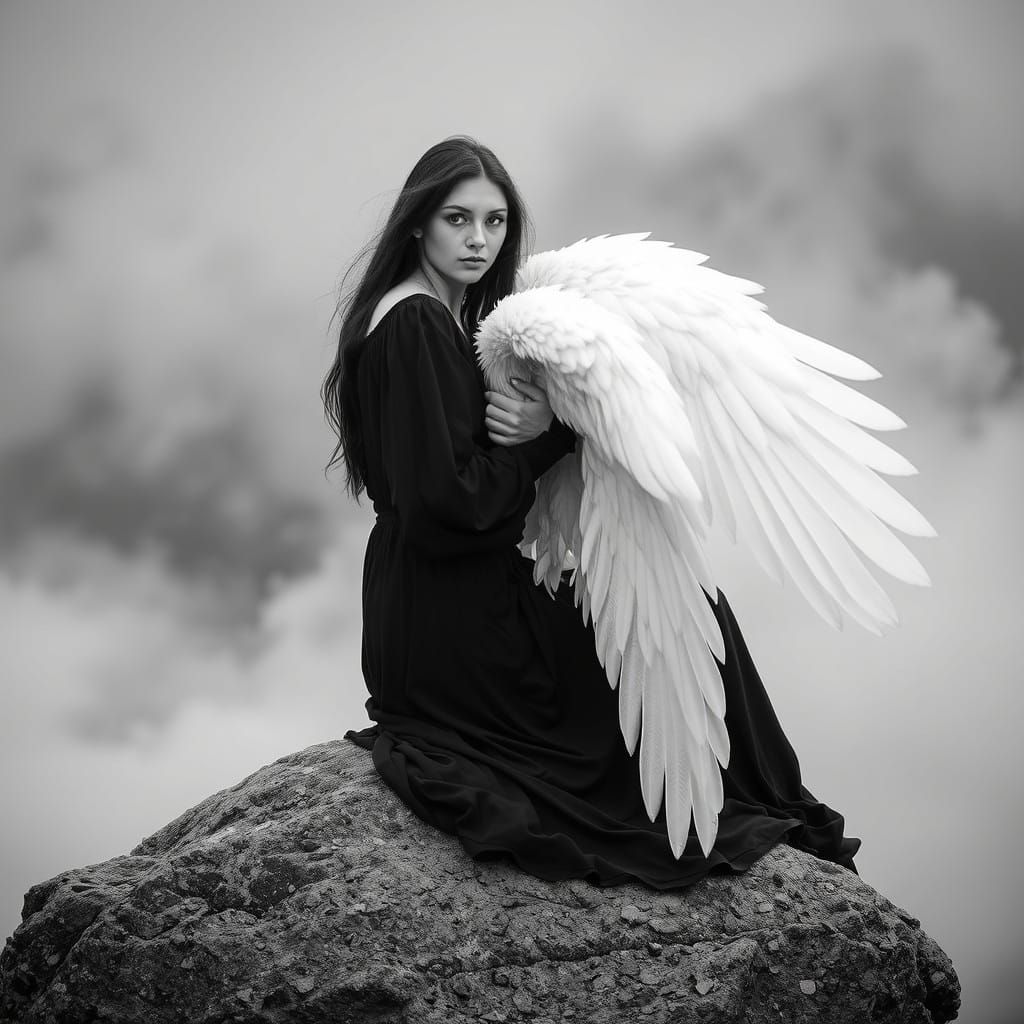 Girl with White Wings Sitting on Rock in Black and White